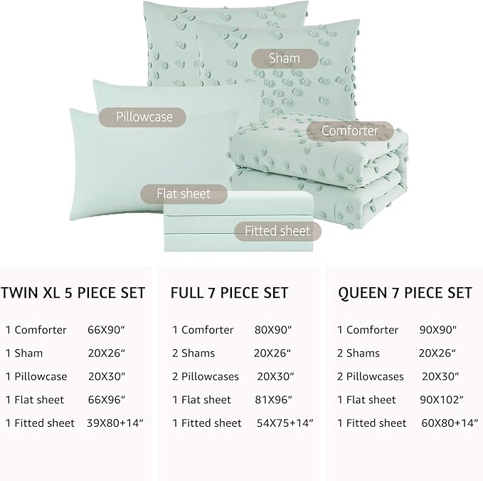 Geniospin Sage Green Twin Comforter Set for Girls- 5 Pieces Pom Tufted Bed in A Bag Twin Bedding Sets with Sheets, Pillowcases & Shams, All Season Kids Comforter Set