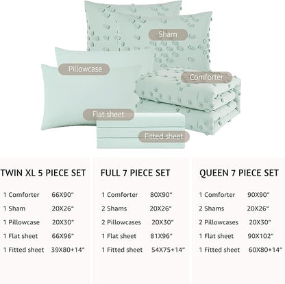 Geniospin Sage Green Full Comforter Set for Girls- 7 Pieces Pom Tufted Bed in A Bag Twin Bedding Sets with Sheets, Pillowcases & Shams, All Season Kids Comforter Set