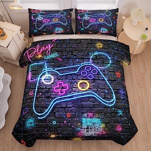 MWMWMW 5 Pcs Gaming Comforter Sets for Boys, Gamer Bedding Sets Twin for Kids, Twin Size Comforter Set for Boys Kids with 1 Comforter, 1 Flat Sheet, 1 Fitted Sheet and 2 Pillowcases