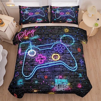 MWMWMW 5 Pcs Gaming Comforter Sets for Boys, Gamer Bedding Sets Twin for Kids, Twin Size Comforter Set for Boys Kids with 1 Comforter, 1 Flat Sheet, 1 Fitted Sheet and 2 Pillowcases
