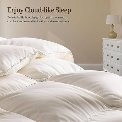BPC Lightweight Organic Feather Down Comforter Twin Size, Hotel-Luxury Fluffy Duvet Insert with Cotton Cover and Puffy Feather Down Filling, for Summer/Hot Sleepers, Ivory White, 68x90 Inches