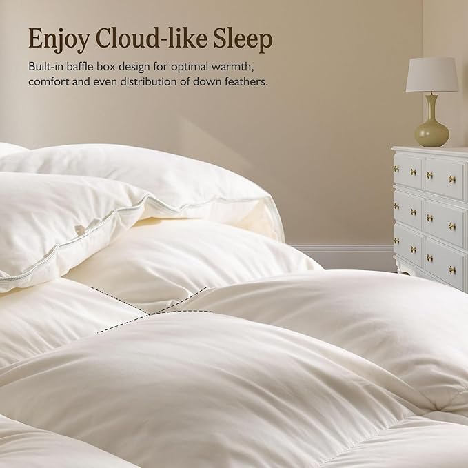 BPC Lightweight Organic Feather Down Comforter King Size, Hotel-Luxury Fluffy Duvet Insert with Cotton Cover and Puffy Feather Down Filling, for Summer/Hot Sleepers, Ivory White, 106x90 Inches