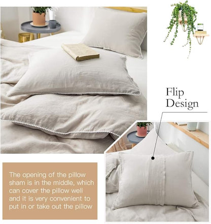 Simple&Opulence 100% Washed Linen Duvet Cover with Pom Pom Trim, Natural French Flax Bedding Set Soft Breathable,1 Farmhouse Boho Comforter Cover and 2 Pillow Shams(Queen,Natural Linen)