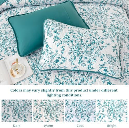 WONGS BEDDING Botanical King Quilt Bedding Set, Soft Bedspread, Blue Green