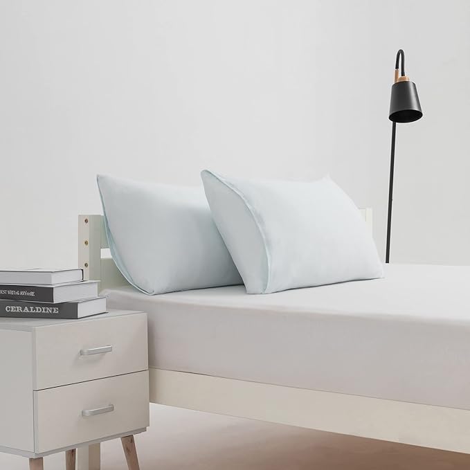 2-Pack Stretch Pillow Cases - Jersey Knit & Envelope Closure Pillowcases with Ultra Soft T-Shirt Like Polyester Blend - Suitable for Queen or Standard Size Set of 2, Light Blue