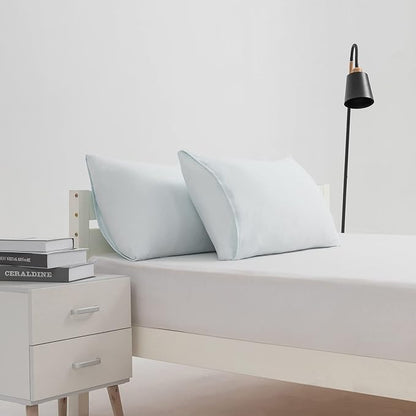 2-Pack Stretch Pillow Cases - Jersey Knit & Envelope Closure Pillowcases with Ultra Soft T-Shirt Like Polyester Blend - Suitable for Queen or Standard Size Set of 2, Light Blue