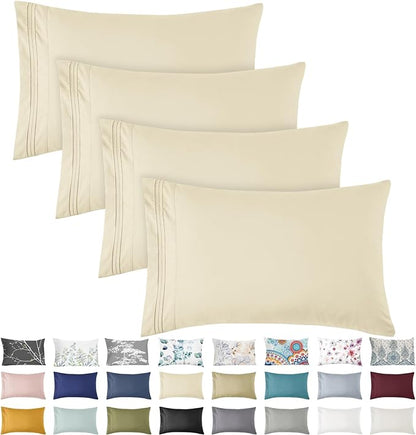YIYEA King Pillow Cases Set of 4, Ultra Soft 1800TC Hotel Quality Double Brushed Microfiber Embroidered Pillowcases, Envelope Closure, Fade Resistant (20"x36", Cream)