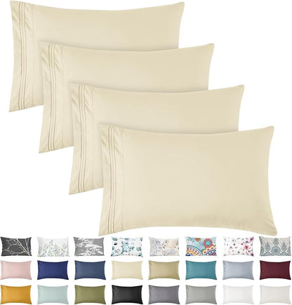 YIYEA Pillow Cases Queen Size Set of 4, Ultra Soft 1800TC Hotel Quality Double Brushed Microfiber Embroidered Pillowcases, Envelope Closure, Fade Resistant (20"x30", Cream)