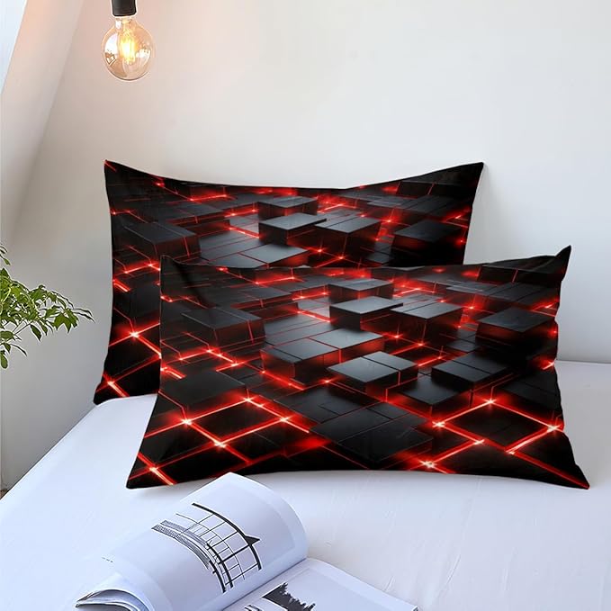 Red Black Geometric Comforter Set King Size 3D Stereoscopic Square Bedding Set Glowing Neon Geometry Bedding Sets 3 Piece Soft Microfiber Down Alternative Comforter Sets for All Season