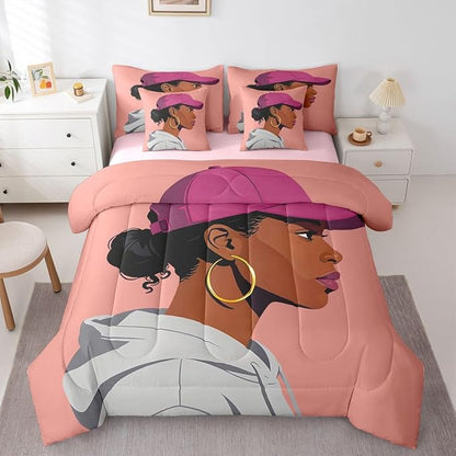 Black Girls Girls 7 Piece Bedding Set King Size Fashion Black Woman Comforter Sets Vogue Fashionable Gorgeous Sheet Set For Kids Children Women Bedroom Decor African Princess Magical Bed In A Bag