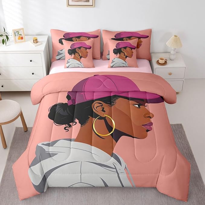 Black Girls Girls 7 Piece Bedding Set Full Size Fashion Black Woman Comforter Sets Vogue Fashionable Gorgeous Sheet Set For Kids Children Women Bedroom Decor African Princess Magical Bed In A Bag
