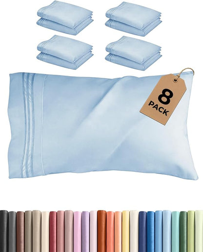 Queen Pillow Cases Set of 8 - Ultra Soft Hotel Quality Pillowcase Covers - Comfy, Cozy & Wrinkle Free - Shrink, Stain & Fade Resistant - Machine Washable Pillow Protectors - 8 Piece Set - Light Blue