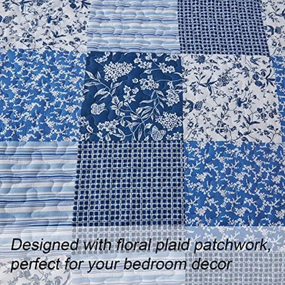 Mybedsoul King Size Quilt, Boho Patchwork Floral Bedding Set, Blue