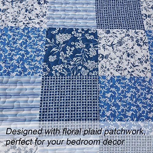 Mybedsoul Boho Quilts Queen Size, Patchwork Floral Bedding Set, Blue