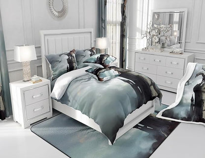 Flying Dragon Comforter Set King Size,Grey Sky Vintage Old Castle Printed Bedding Set for Kids Boys Girls Room Decor,3D Wild Animal Theme Duvet Insert 3Pcs,Retro Microfiber Quilt Set,2 Pillowcases