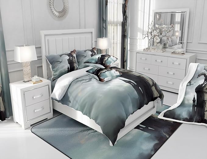 Flying Dragon Comforter Set Queen Size,Grey Sky Vintage Old Castle Printed Bedding Set for Kids Boys Girls Room Decor,3D Wild Animal Theme Duvet Insert 3Pcs,Retro Microfiber Quilt Set,2 Pillowcases