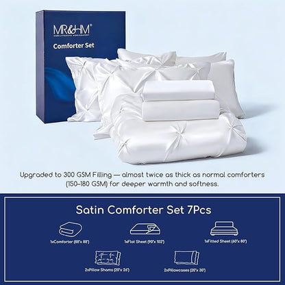 MR&HM Satin Comforter Queen 7 Pieces - Luxurious Pinch Pleat Bedding Set with Comforter, Flat Sheet, Fitted Sheet, Pillowcases & Shams, Super Silky Soft Bed Set for All Season (Queen, White)
