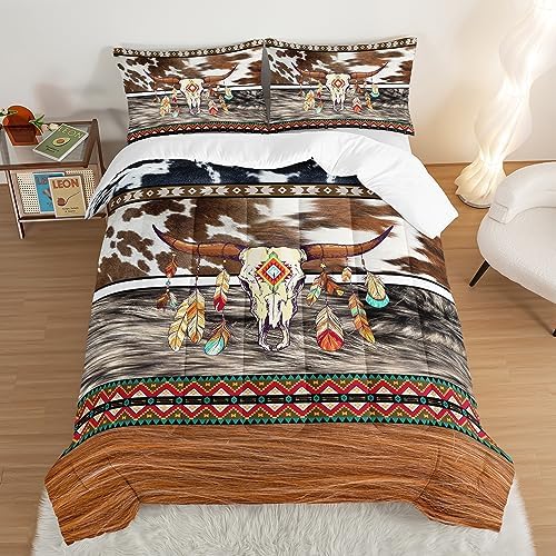 HOSIMA Western Bedding Longhorn Skull Comforter 3 Pieces,Western Highland Cowhide Print Bedding for Boys Teens Soft Microfiber Fluffy Comforter Full Size Farmhouse Style Room Decor Aesthetic.