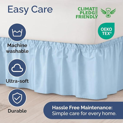 Wrap Around Dust Ruffle Bed Skirt - Light Blue - for King Size Beds with 21 Inch Drop - Elastic Strap - Adjustable Pleated Bedskirt with Brushed Fabric and Wrinkle Free - for Women, Men, Kids & Teens