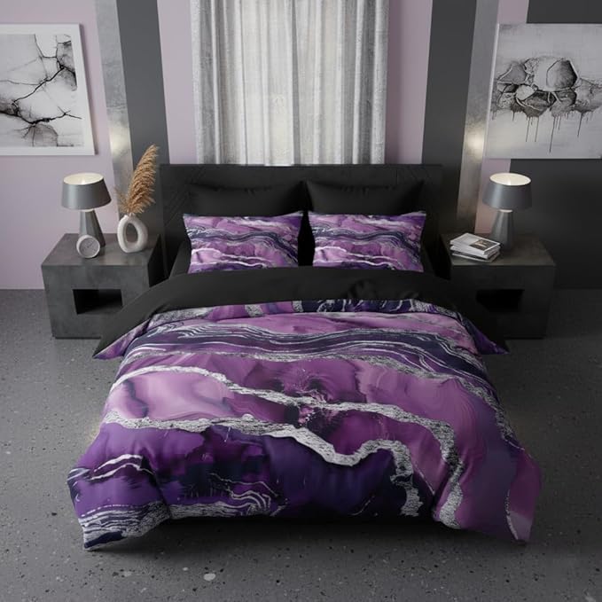 Purple Marble Comforter Set Queen Size, Abstract Black Purple Bedding Set with Silver Lines - 3Pcs Soft Lightweight Quilted Comforter for All Seasons,90"x90" | Aesthetic Pattern, Abstract Design, Soft Lightweight, All Seasons, Girls Women Adult