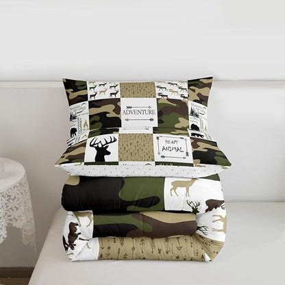 Grid Comforter Set King Size for Kids Teens Boys Room Decor,Camo Deer Antler Arrows Bedding Set Outdoor Adventure Quilt Set Bear Elk Animal Duvet Insert with 2 Pillowcases,Army Green White