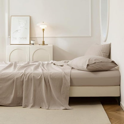 JIYUAN Queen Size Sheet Set, 4-Piece - 100% Washed Cotton, Linen-Like Soft & Breathable, Includes Deep Pocket Fitted & Flat Sheet with 2 Pillowcases, Hotel Quality, Heathered Tannish Linen Grey