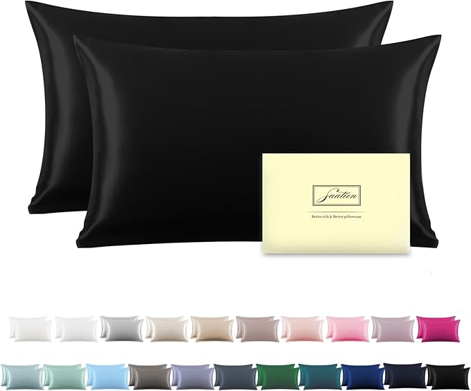 Silk Pillow Cases 2 Pack,Soft Breathable and Sliky Queen Size Pillow Cases Set of 2,Natural Mulberry Silk Pillowcase Set of 2 for Hair and Skin with Hidden Zipper (Black,20"X 30",2pcs)