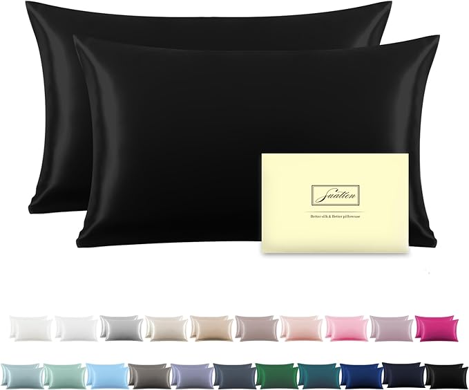 Silk Pillow Cases 2 Pack Soft Breathable and Sliky King Size Pillow Cases Set of 2,Natural Mulberry Silk Pillowcase Set of 2 for Hair and Skin with Hidden Zipper (Black,20"X 36",2pcs)