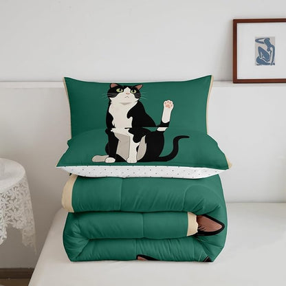 Erosebridal Kitten Quilt Insert King Size Cartoon Cat Bedding Set for Kids Boys Girls Retro Kawaii Cute Green Black Comforter Warm Soft Comforter Set