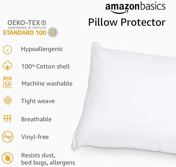 Amazon Basics King Pillow Pillowcases with Zipper, 100% Cotton Hypoallergenic, Pillow Protector, White (37 x 21 Inches), Pillows Not Included