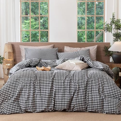 MooMee Gingham Duvet Cover Set 100% Washed Cotton Linen Like