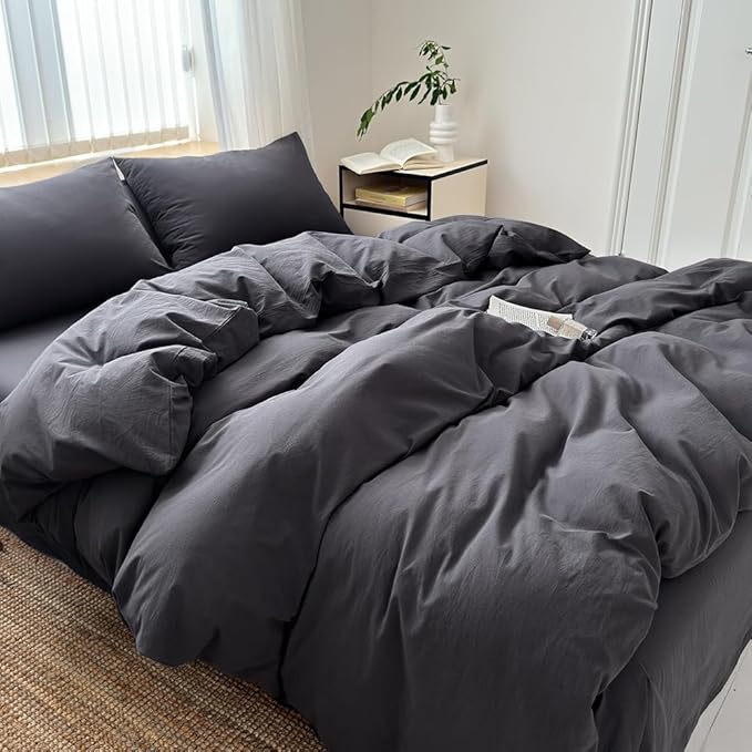 FACE TWO FACE Bedding Duvet Cover Set100% Washed Cotton Duvet Cover Linen Like Textured Breathable Durable Soft Comfy (Queen, Volcanic Black)