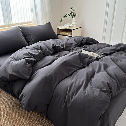 FACE TWO FACE Bedding Duvet Cover Set100% Washed Cotton Duvet Cover Linen Like Textured Breathable Durable Soft Comfy (Full, Volcanic Black)