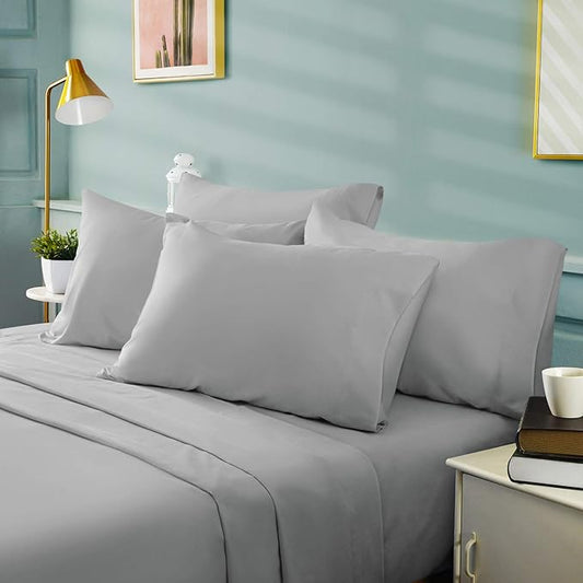 BYSURE Hotel Luxury Bed Sheets Set 6 Piece(Full, Light Gray) - Super Soft 1800 Thread Count 100% Microfiber Sheets with Deep Pockets, Wrinkle & Fade Resistant