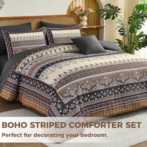 Boho Comforter Set King Size,8 Pieces Brown Black Striped Bedding Set