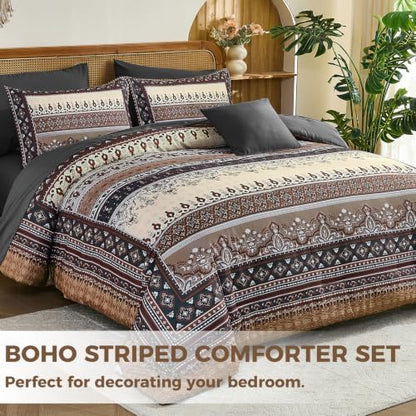 Boho Comforter Set Queen Size,8 Pieces Brown Black Striped Bedding Set