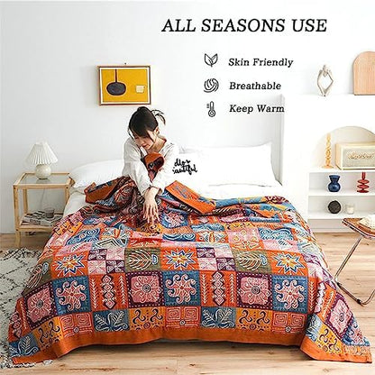 MSGKV Boho Throw Blanket 60"x80" 100% Cotton Checkered Throw for Couch