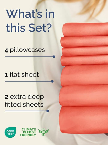 Extra Deep Split King Sheet Set - 7 Piece Breathable and Cooling Sheets - Hotel Luxury Bedding for Women, Men, Kids & Teens - Easy Secure Fit - Soft, Wrinkle Free & Comfy - Extra Deep Pockets - Coral