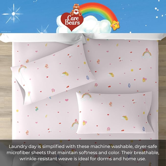 Collectibles Care Bears Bedding Super Soft Cotton Sheet Set, 3 Piece Twin XL, College Dorm Essentials (Officially Licensed Product) By Franco