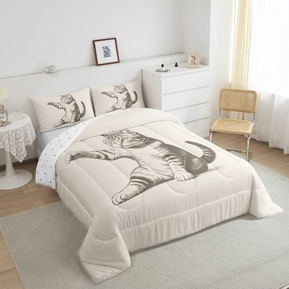 Erosebridal Cat Comforter Set Toddler Size Sketch Animal Bedding Set for Kids Boys Girls Kawaii Kitten 3D Cute Beige Black Comforter Warm Soft Quilt Insert