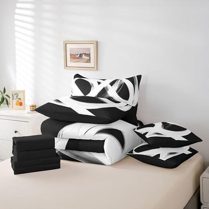 Erosebridal Abstract Modern 7 Piece Comforter Set Queen Bed in A Bag Black White Lines Geometric Bedding Set Minimalist Contemporary Stripes Sheet Set Ink Painting Simple Aesthetic Neutral Quilt