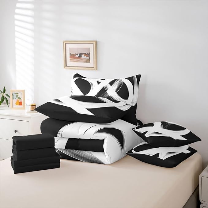 Erosebridal Abstract Modern 7 Piece Comforter Set Full Bed in A Bag Black White Lines Geometric Bedding Set Minimalist Contemporary Stripes Sheet Set Ink Painting Simple Aesthetic Neutral Quilt