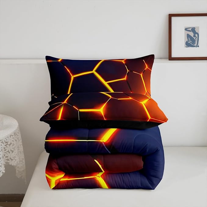Honeycomb Print Bedding Set Red Black Fire Hexagonal Pattern Comforter Set for Kids Boys Girls Teens Beehive Geometrical Comforter Breathable Simplistic Duvet Set Room Decor Quilt Set King Size