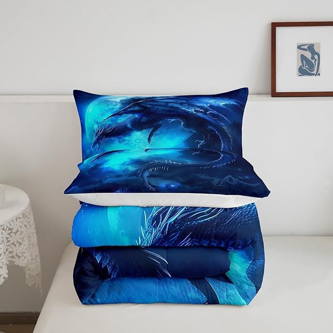 Dragon Moon Comforter Set Queen Size,Wildlife Magical Dinosaur Bedding Set for Kids Boys Girls Room Decor,3D Blue Dragon Printed Duvet Insert 3Pcs,Microfiber Soft Trippy Quilt Set,2 Pillowcases