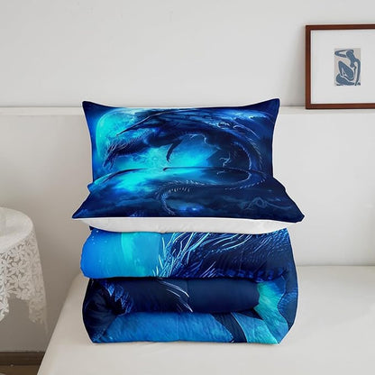 Dragon Moon Comforter Set Queen Size,Wildlife Magical Dinosaur Bedding Set for Kids Boys Girls Room Decor,3D Blue Dragon Printed Duvet Insert 3Pcs,Microfiber Soft Trippy Quilt Set,2 Pillowcases