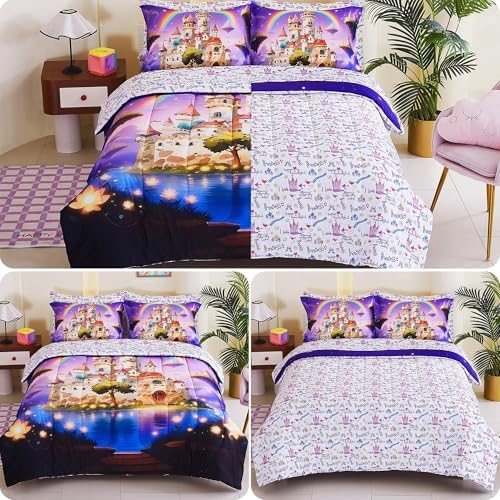 Viviland Twin Bedding Set for Girls 5 Piece Bed in a Bag with Comforter, Sheets, Pillowcases Soft Microfiber Kids Comforter Set, Oeko Certified, Machine Washable, Enchanted Rainbow Castle Fairy Tale