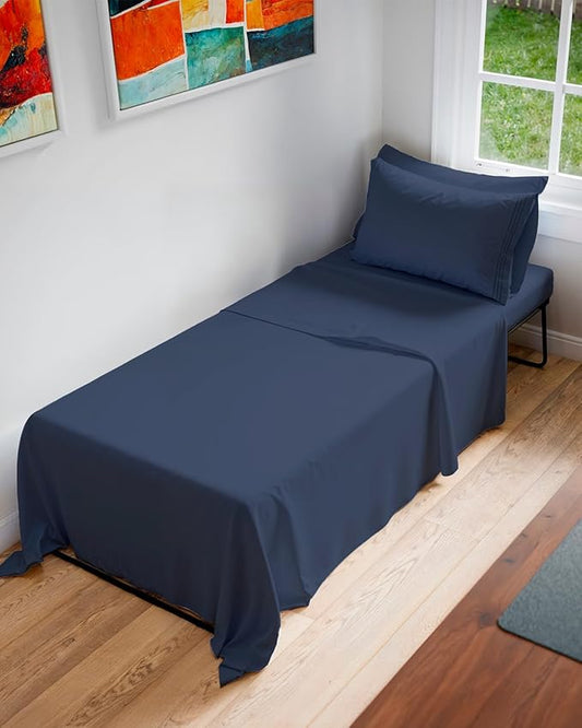 Cot Sheet Set 30” x 75” – 4 Piece Cot Size Narrow Twin Mattress Sheets – Ideal for Camper Bunk, RVs, Bunks, Day Care & Camping - Fits 6” to 10” Mattress, Ultra-Soft, Breathable & Cooling - Navy Blue
