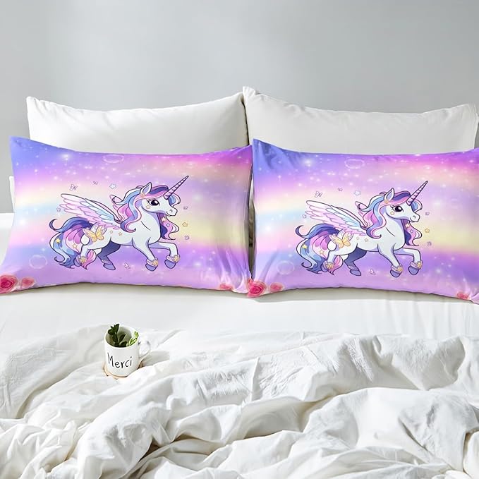 Kids Girls Unicorn Bedding Set Pink Purple Rainbow Duvet Cover Set Cartoon Unicorn Comforter Cover Rose Flowers Bedspread Cover Bedroom Quilt Cover King with 2 Pillowcase,No Comforter