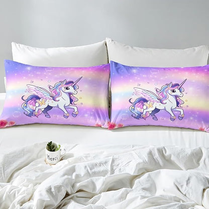 Kids Girls Unicorn Bedding Set Pink Purple Rainbow Duvet Cover Set Cartoon Unicorn Comforter Cover Rose Flowers Bedspread Cover Bedroom Quilt Cover Queen with 2 Pillowcase,No Comforter