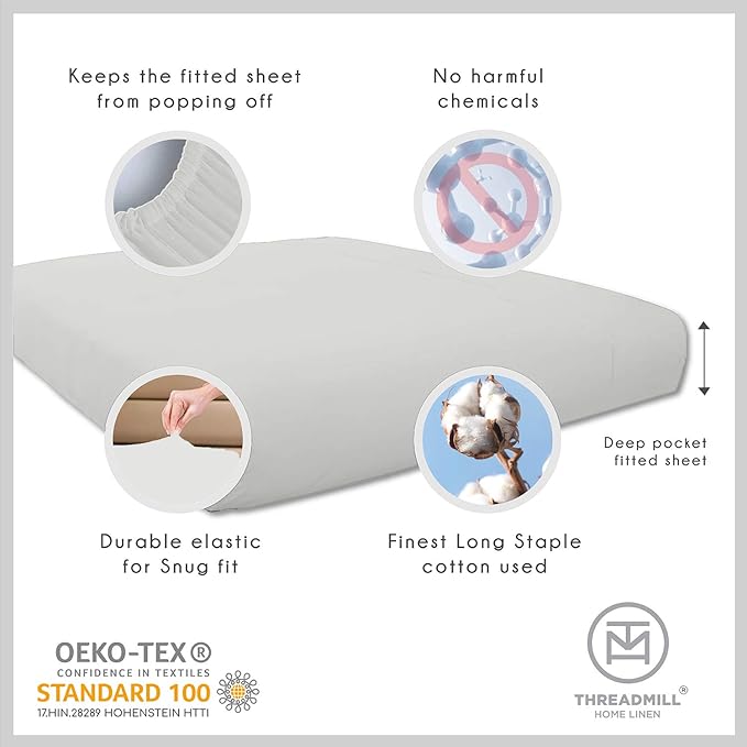 Threadmill Cotton Queen Sheet Set | 100% Cotton Sheets for Queen Size Bed | Solid Sateen Queen Bed Sheets Set with 16” Deep Pocket | Soft Breathable 4-Piece Cooling Bedding Sheet Set | Light Grey